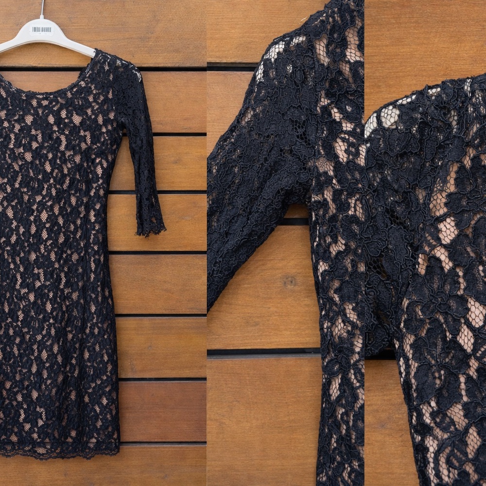 Aritzia Babaton Rafael Mini Dress, black with nude lining, 3/4 sleeves